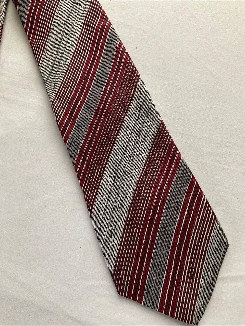 Men's DonLoper Burgundy and Gray Striped Silk Tie - Classic Office Style